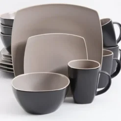94854.16 Soho Lounge Matte 16 pc Dinnerware Set - Taupe/Black - Soft Square - Stoneware - cozylivehome.com | we sell a wide range of comfortable household items^ Shop All