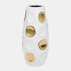 Clearance 18376-07 Stoneware, 13" Circle Embossed Vase, White/gold - cozylivehome.com | we sell a wide range of comfortable household items Giftware