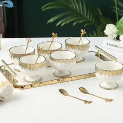 Best Sale J-ICMTW-WHT-GD Porcelain Dessert Mugs with Coordinating Tray - cozylivehome.com | we sell a wide range of comfortable household items Giftware