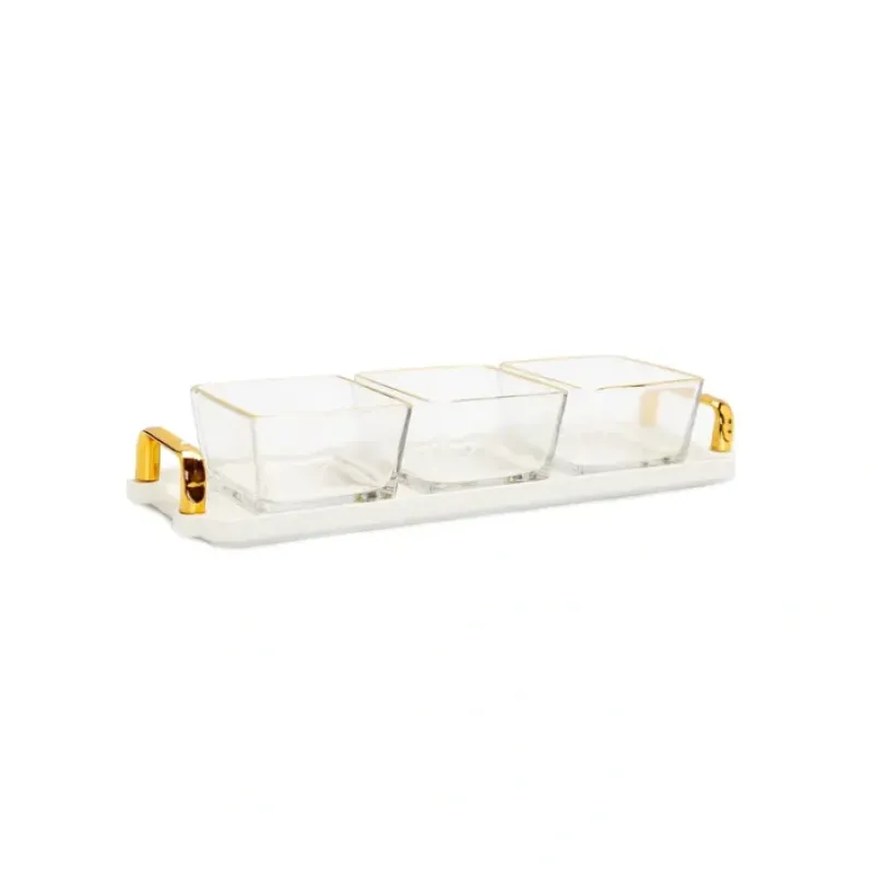 Hot WSD2878 3 Bowl Serving Dish White Tray with Glass Bowls Gold Trimmed - 13.5"L x 4.25"W - cozylivehome.com | we sell a wide range of comfortable household items Giftware